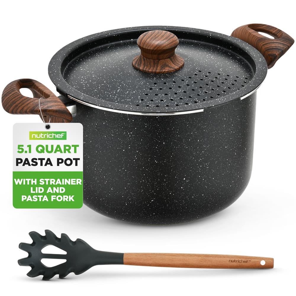 5qt Non-Stick Pasta Pot with Strainer Lid & Fork, Even Heat, Black