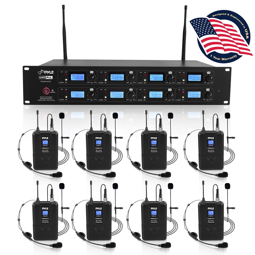 8-Channel UHF Wireless Mic System, 164 ft Range, LCD Display, Rack