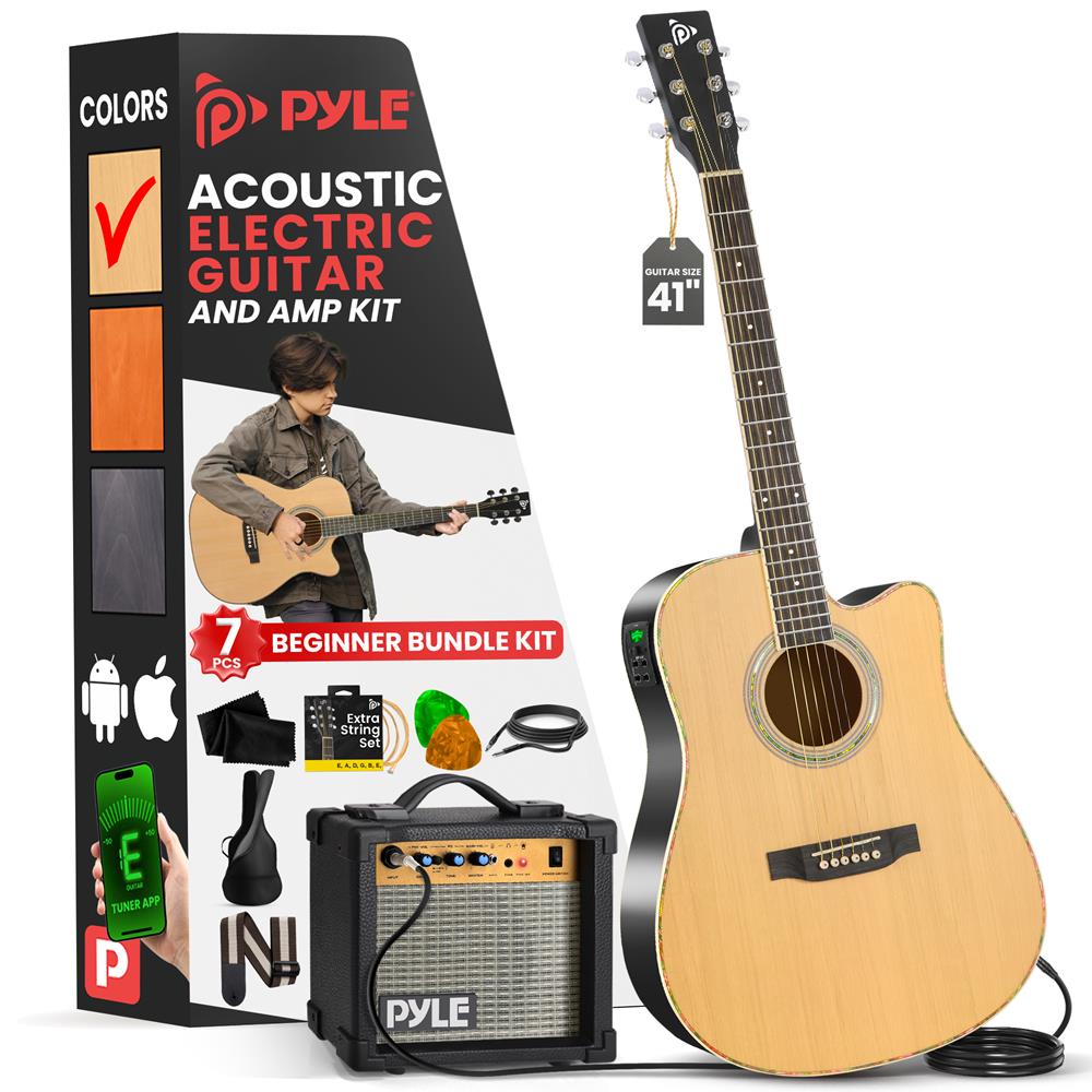 acoustic guitar gear Acoustic Electric Guitar Kit, Full Size, Spruce Wood, 10W Amp, Natural – Pyle USA