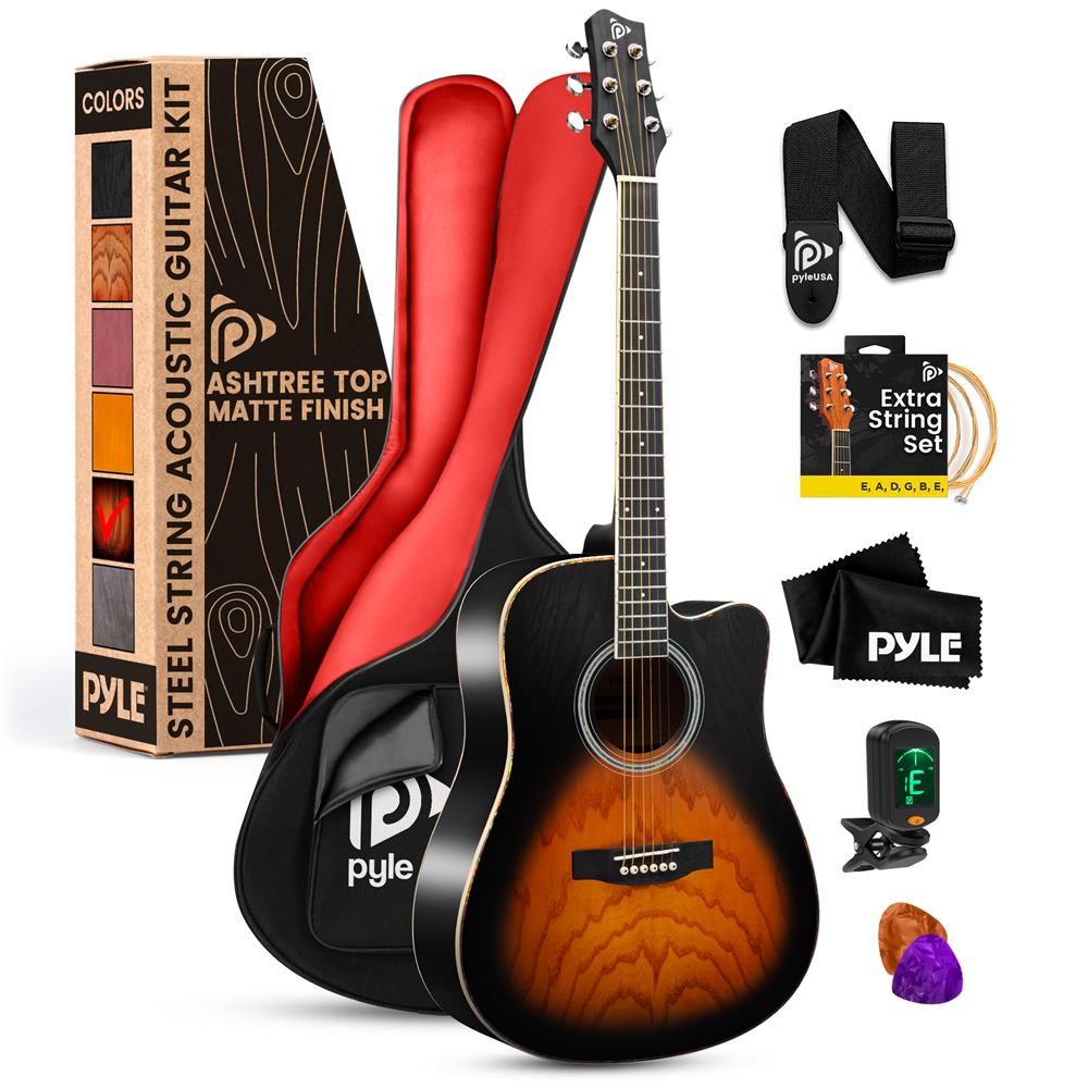 Pyle Steel String Acoustic Guitar Kit, 41 in Full Size Cutaway with Ashtree Top, Open Pore Finish, PGA480SB