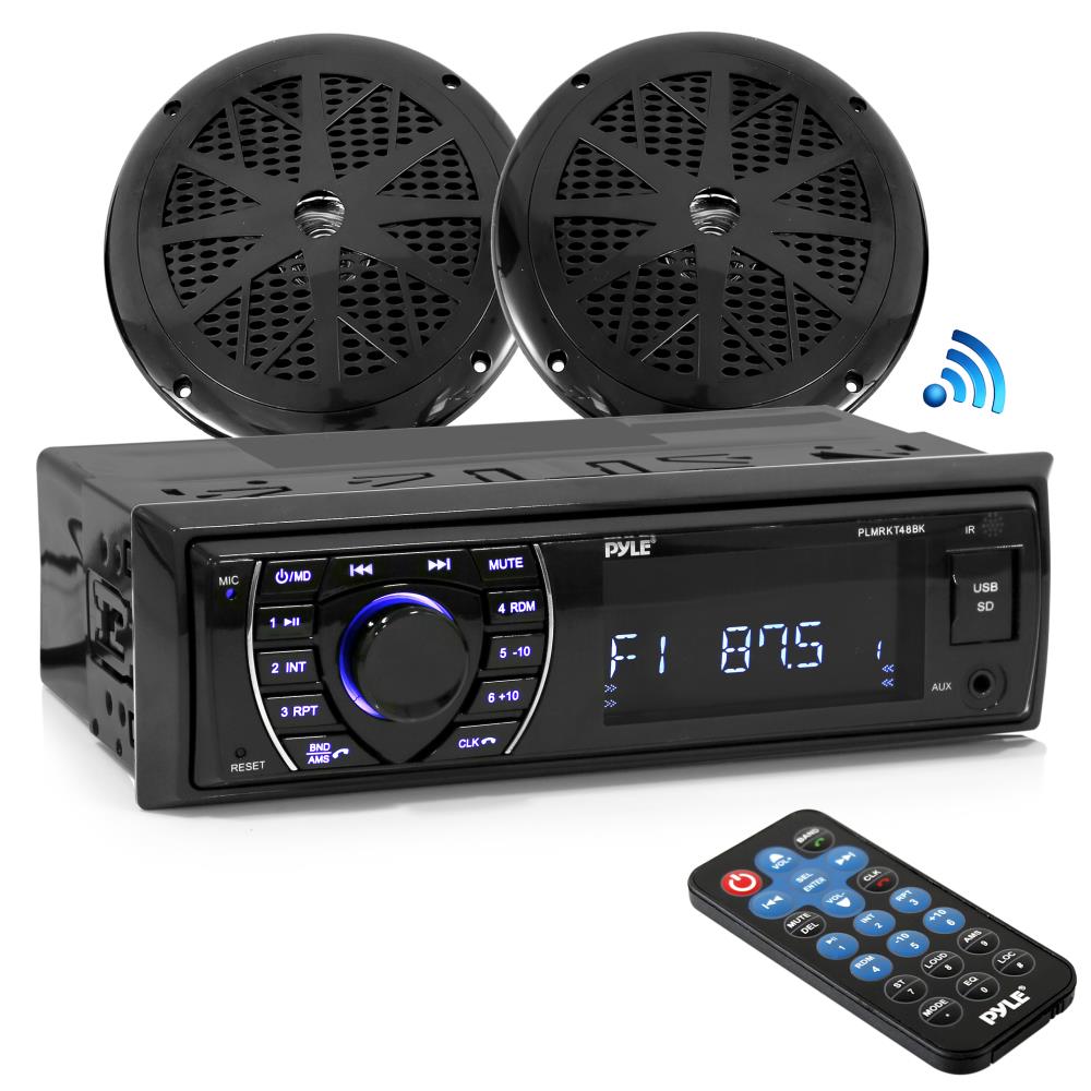 Pyle 1-Din Marine MP3/CD Receiver, 4x 5.25 180W Max Blue LED Speakers, Antenna Pyle 1-Din Marine MP3/CD Receiver, 4x 5.25 180W Max Blue LED Speakers, Antenna