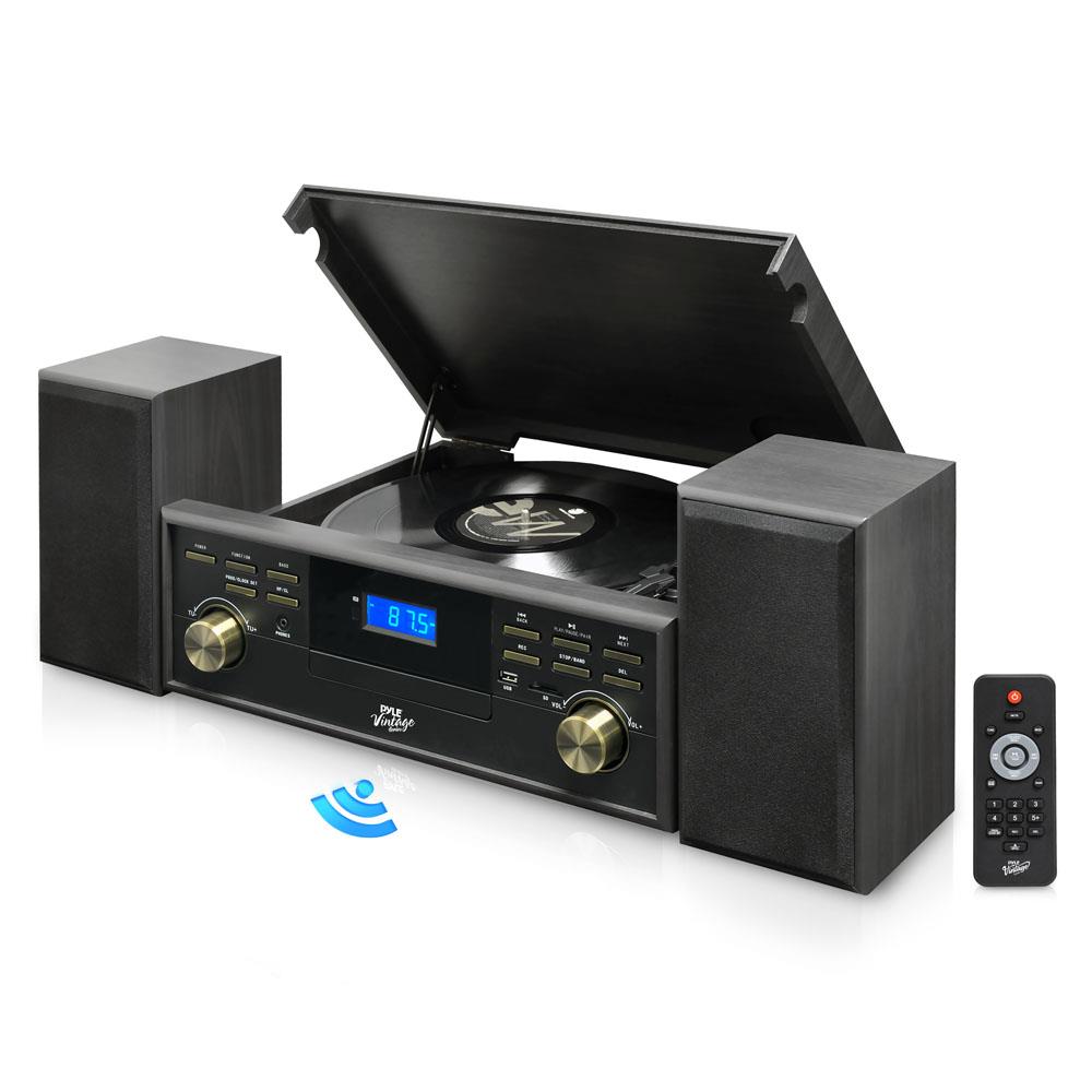 Bluetooth Vintage Turntable System, Vinyl to MP3, 3-Speed, Grey Wood