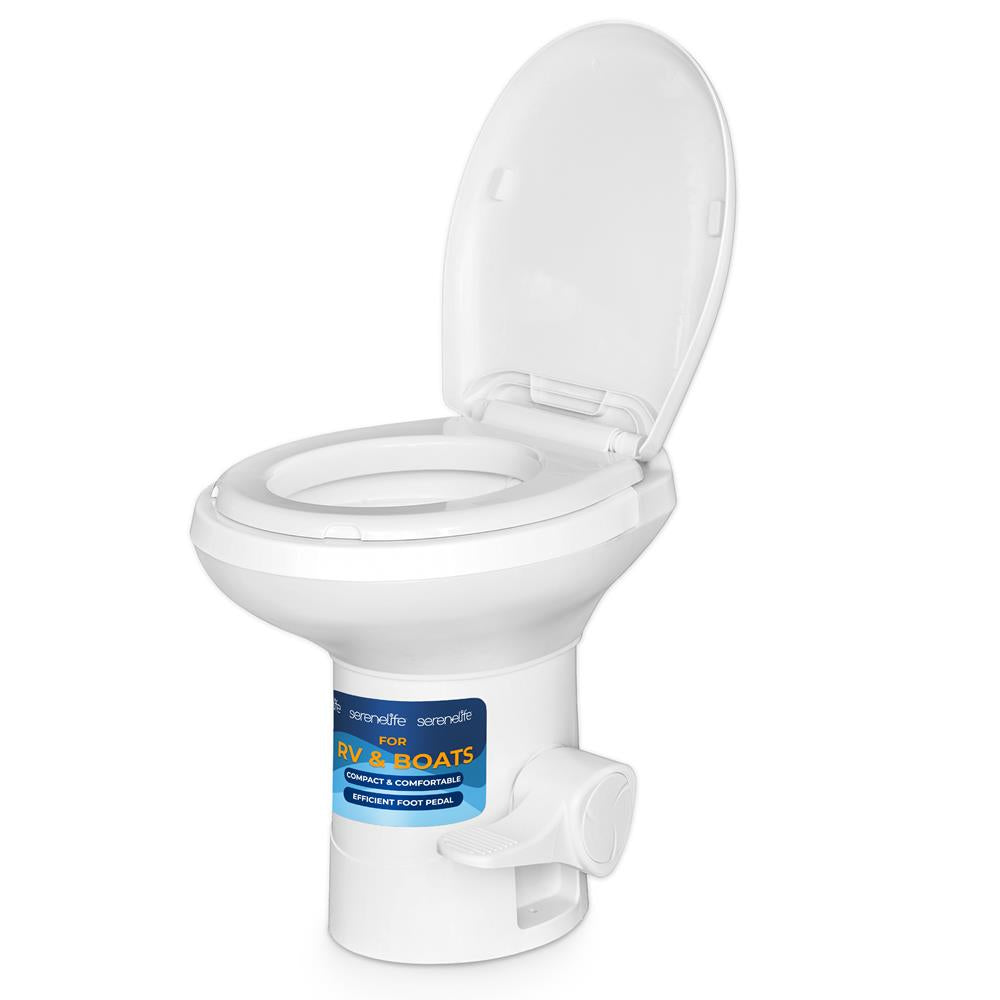 foot pedal toilet flush SereneLife RV Plastic Bowl Gravity Flush Toilet with Hose Connector, Hand Sprayer, And Installation Kits