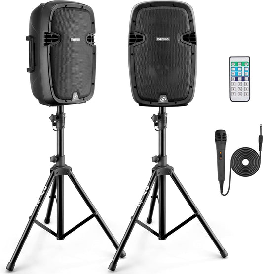 Pyle 10" Wireless Portable PA system - 1000W High Powered Bluetooth Compatible Active + Passive Pair Outdoor Sound Speakers w/ USB SD MP3 AUX - 35mm Mount, 2 Stands, Microphone, Remote - PPHP1049KT