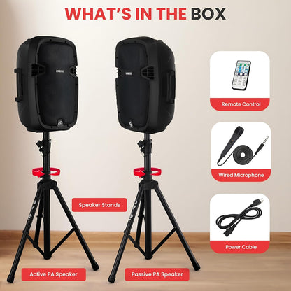 Pyle 10" Wireless Portable PA system - 1000W High Powered Bluetooth Compatible Active + Passive Pair Outdoor Sound Speakers w/ USB SD MP3 AUX - 35mm Mount, 2 Stands, Microphone, Remote - PPHP1049KT
