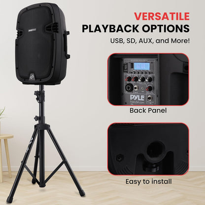 Pyle 10" Wireless Portable PA system - 1000W High Powered Bluetooth Compatible Active + Passive Pair Outdoor Sound Speakers w/ USB SD MP3 AUX - 35mm Mount, 2 Stands, Microphone, Remote - PPHP1049KT