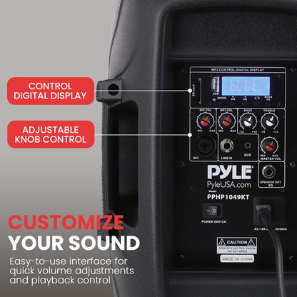 Pyle 10" Wireless Portable PA system - 1000W High Powered Bluetooth Compatible Active + Passive Pair Outdoor Sound Speakers w/ USB SD MP3 AUX - 35mm Mount, 2 Stands, Microphone, Remote - PPHP1049KT
