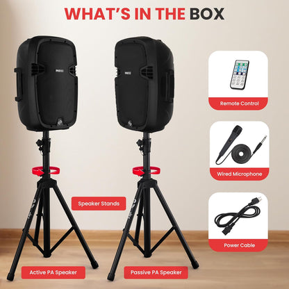Pyle 10" Wireless Portable PA system - 1000W High Powered Bluetooth Compatible Active + Passive Pair Outdoor Sound Speakers w/ USB SD MP3 AUX - 35mm Mount, 2 Stands, Microphone, Remote - PPHP1049KT