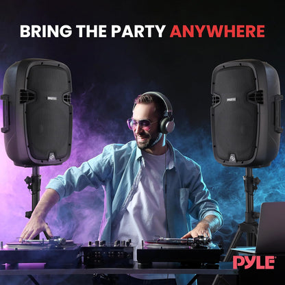 Pyle 10" Wireless Portable PA system - 1000W High Powered Bluetooth Compatible Active + Passive Pair Outdoor Sound Speakers w/ USB SD MP3 AUX - 35mm Mount, 2 Stands, Microphone, Remote - PPHP1049KT