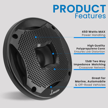 Two-Way Marine Component Speaker Systems - One Pair 6.5'' Two-Way Component Kit, 450 Watts W/ 4 Ohm Impedance And 1'' High-Temperature Asv Voice Coil, Black (Pair)