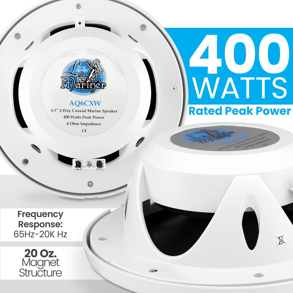 Lanzar AQ6CXW 400 Watts 6.5ーInch 2ーWay Marine Speakers (White) by Lanzar 6.5\" Dual Marine Speakers 400W Waterproof Weatherproof White
