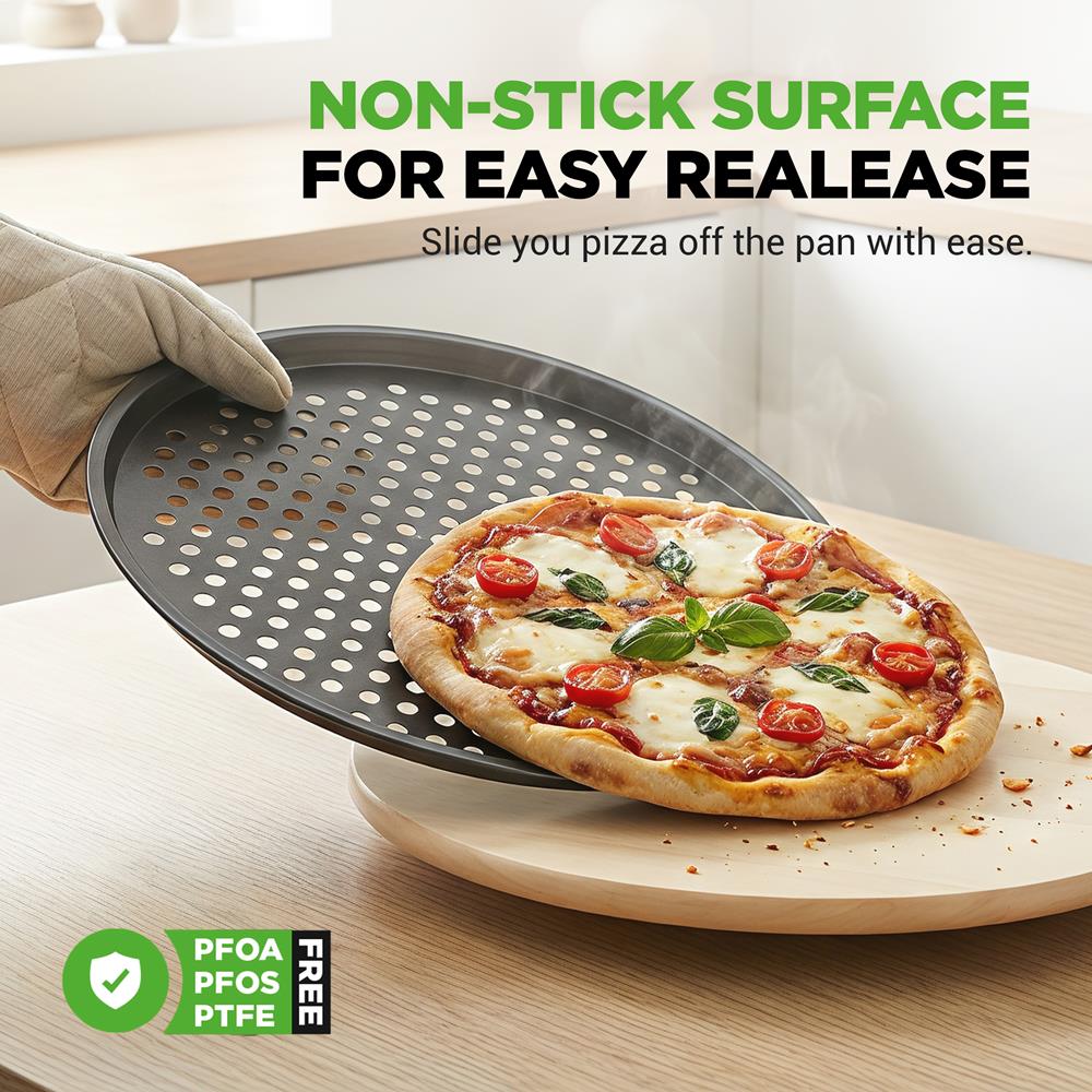 2-Pack 13" Non-Stick Pizza Pans, Carbon Steel, Dishwasher Safe, Gray - Thumbnail 2