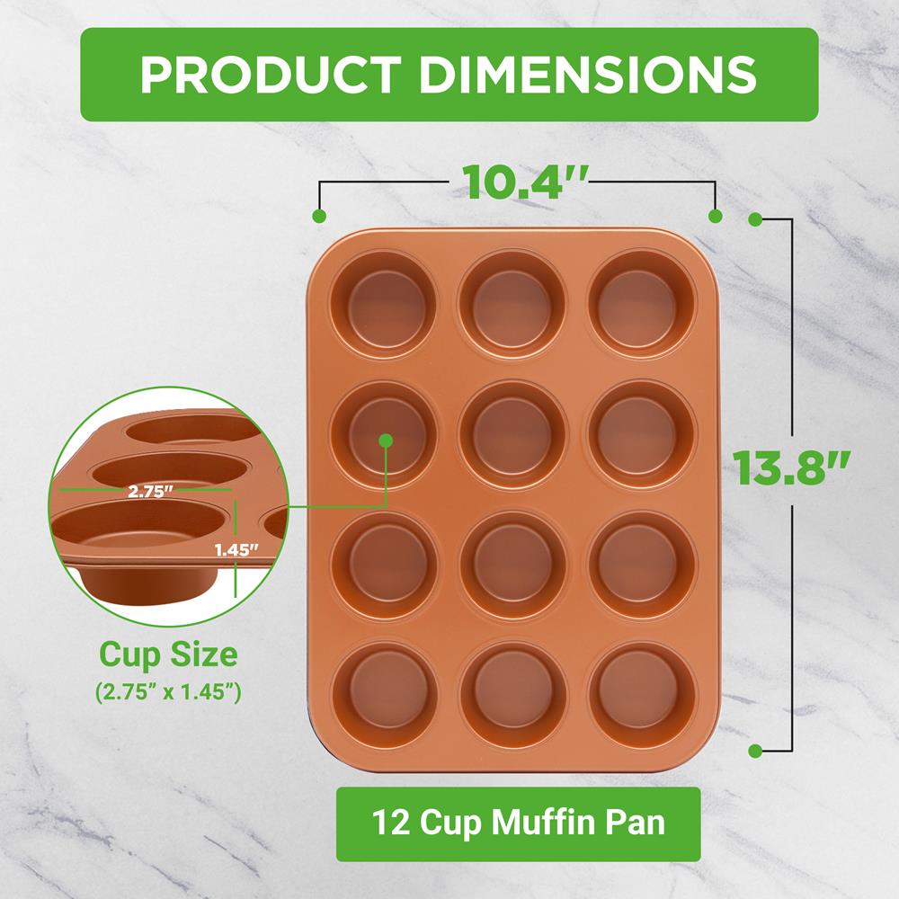 12-Cup Muffin Pan, Even Heating, Non-Stick Carbon Steel, Copper - Thumbnail 2