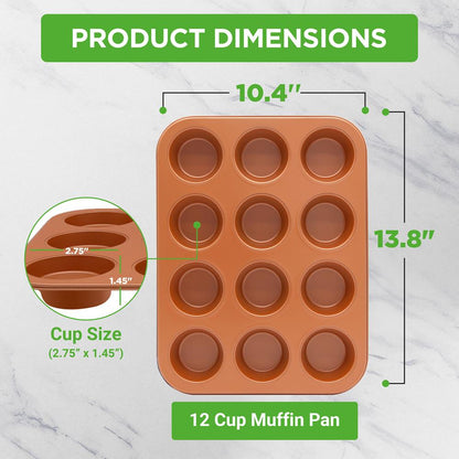 12-Cup Muffin Pan, Even Heating, Non-Stick Carbon Steel, Copper