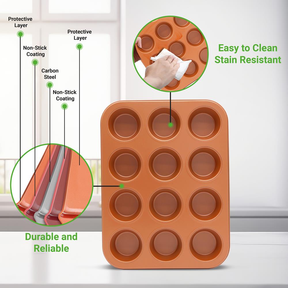 12-Cup Muffin Pan, Even Heating, Non-Stick Carbon Steel, Copper - Thumbnail 3