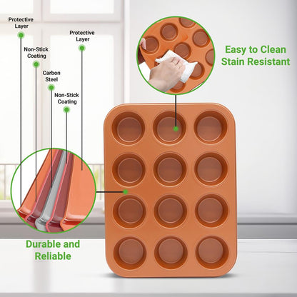 12-Cup Muffin Pan, Even Heating, Non-Stick Carbon Steel, Copper
