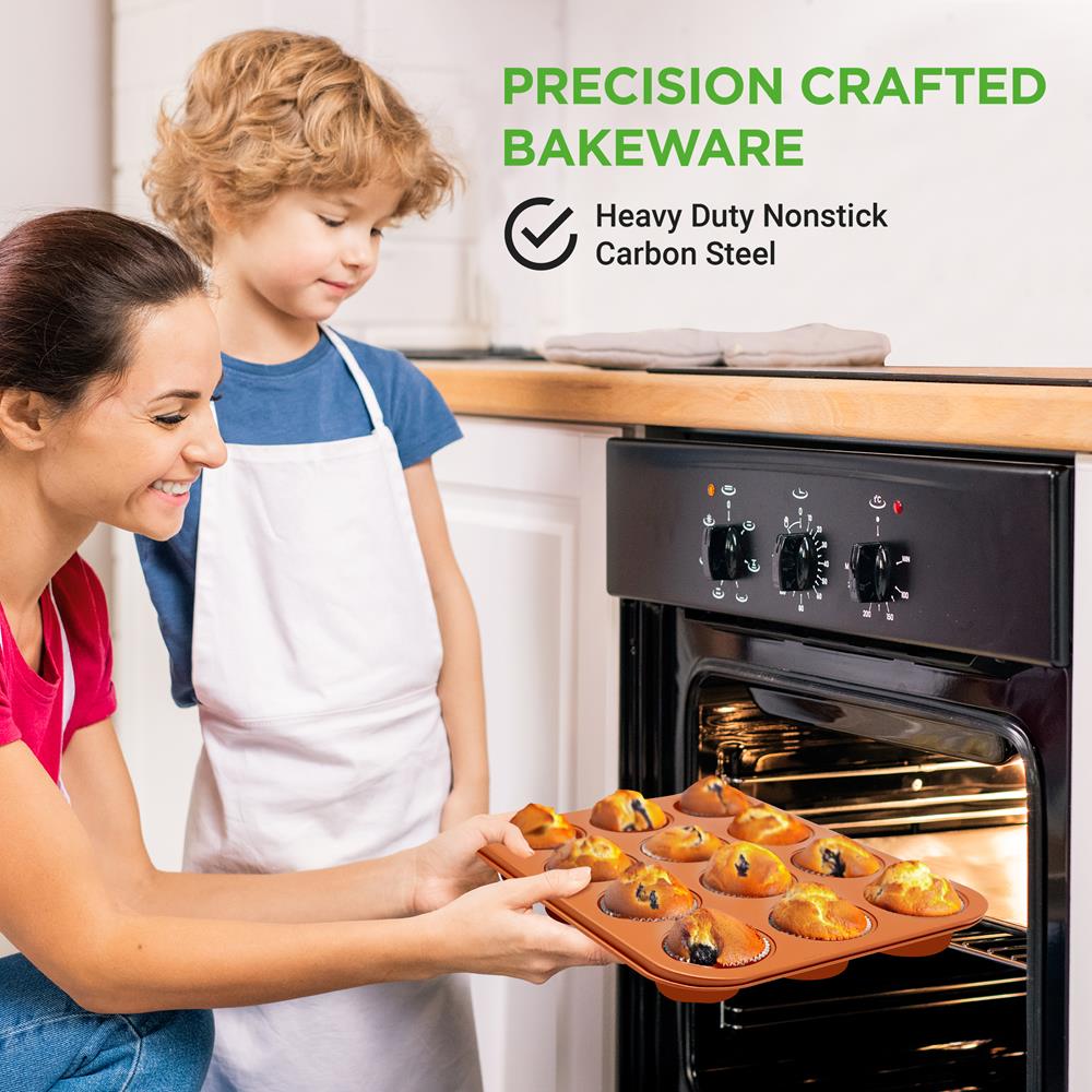 12-Cup Muffin Pan, Even Heating, Non-Stick Carbon Steel, Copper - Thumbnail 4