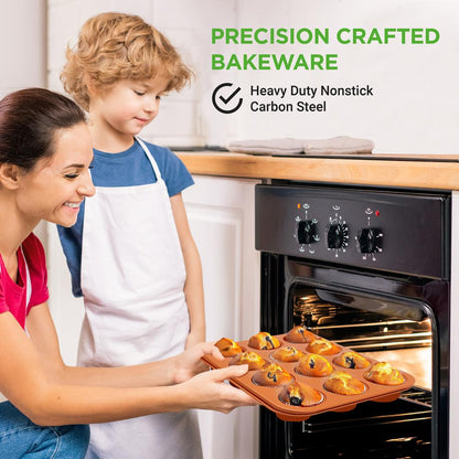 12-Cup Muffin Pan, Even Heating, Non-Stick Carbon Steel, Copper