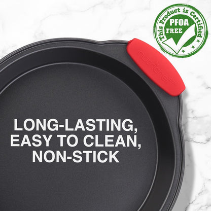 Nonstick Round Cake Pan - Easy Release Carbon Steel, Red Handles, 9.7"