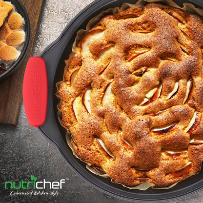 Nonstick Round Cake Pan - Easy Release Carbon Steel, Red Handles, 9.7"