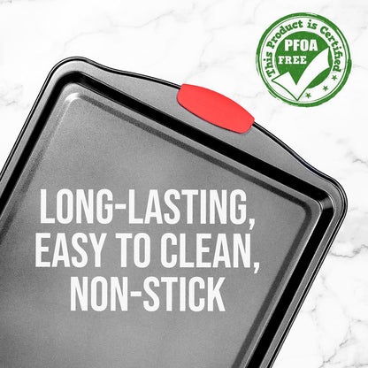 Nonstick Cookie Sheet 17"x11" Easy Clean Carbon Steel Red Handles