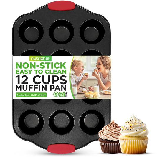 12 Cup Muffin Pan, Nonstick Carbon Steel, Red Silicone Handles