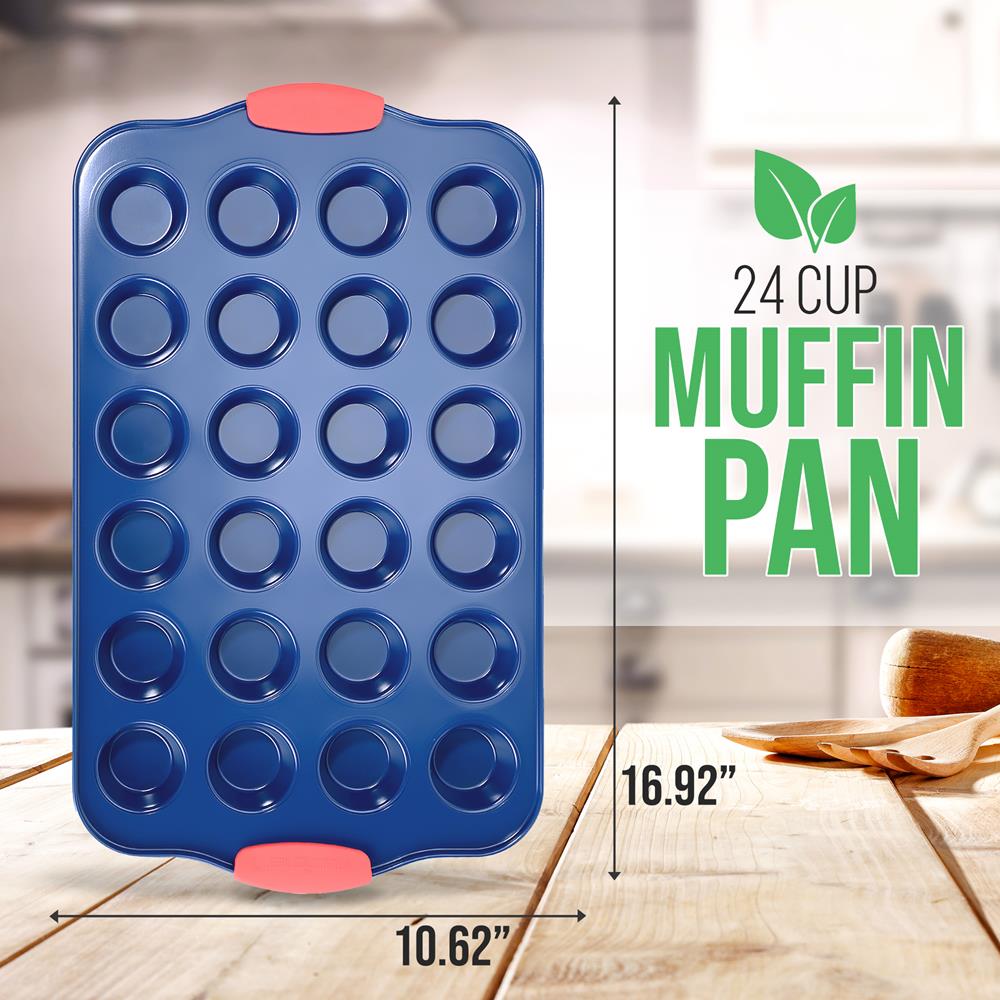 17" Nonstick Muffin Pan, 24 Cup, Carbon Steel, Red Handles, Blue Coating - Thumbnail 4