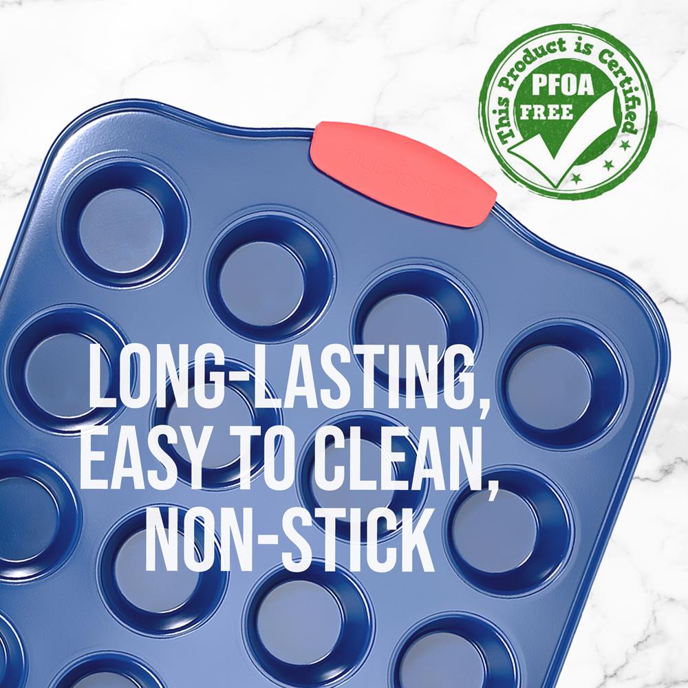 17" Nonstick Muffin Pan, 24 Cup, Carbon Steel, Red Handles, Blue Coating - Thumbnail 5