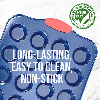 17" Nonstick Muffin Pan, 24 Cup, Carbon Steel, Red Handles, Blue Coating