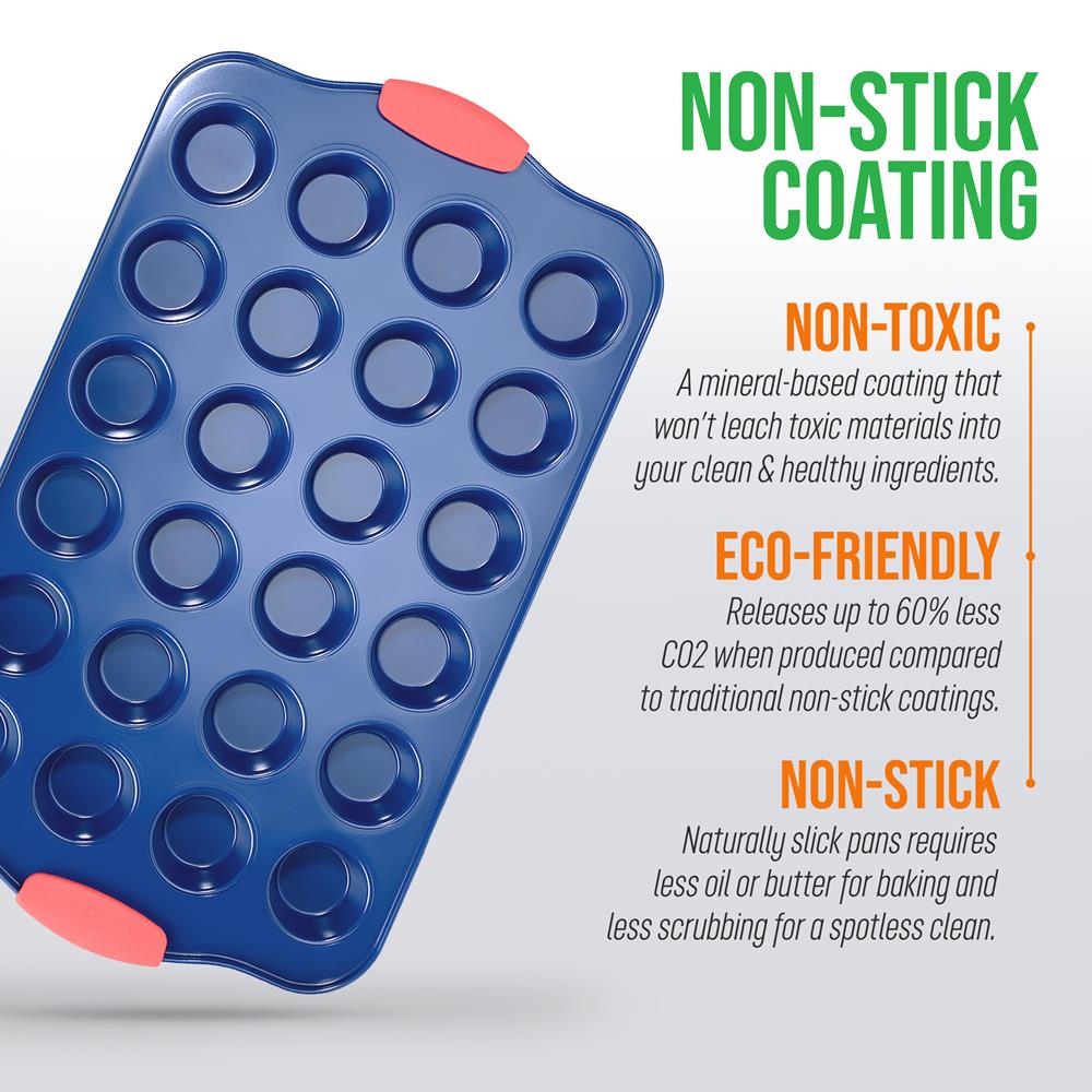 17" Nonstick Muffin Pan, 24 Cup, Carbon Steel, Red Handles, Blue Coating