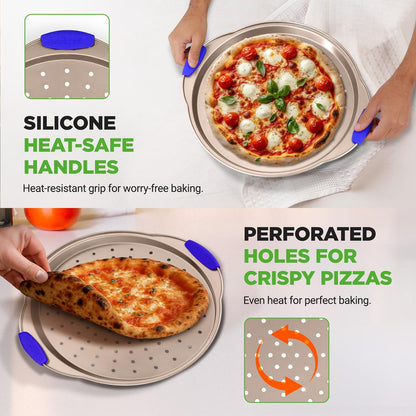 13" Non-Stick Pizza Tray - Easy Clean Carbon Steel, Gold