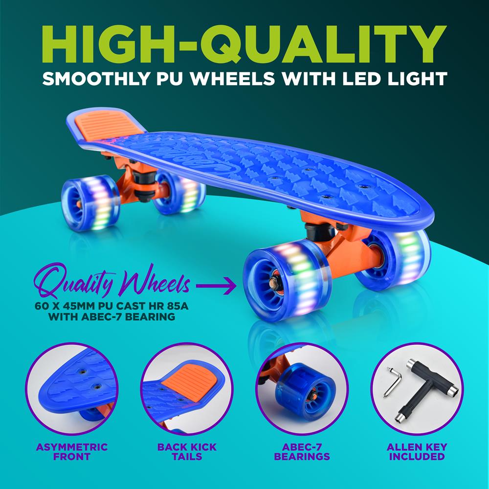 Mini Cruiser Skateboard LED Wheels, Double Kick, 6