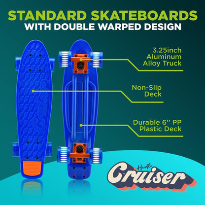 Mini Cruiser Skateboard - LED Wheels, Double Kick, 6" PP Deck, Blue