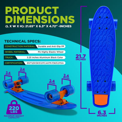 Mini Cruiser Skateboard - LED Wheels, Double Kick, 6" PP Deck, Blue