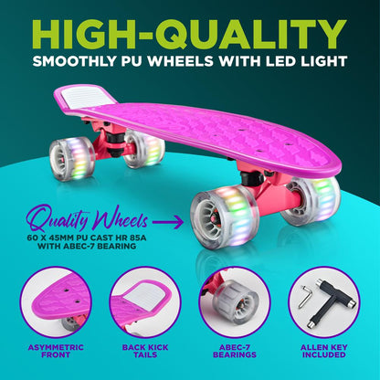 Mini Cruiser Skateboard, LED Wheels, 6" PP Deck, Aluminum Truck, Purple