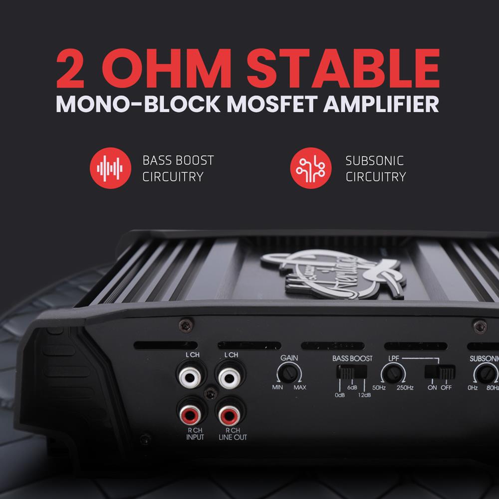 Monoblock Car Audio Amp 2000W 2-Ohm Stable Mosfet Chrome Inputs