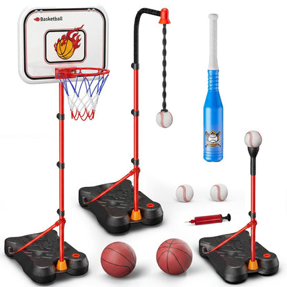 Hurtle 4-In-1 Kids Basketball & T-Ball Hoop Set – Adjustable Height (3.5–6.2 Ft) Includes Hanging Baseball Hoop, Indoor & Outdoor Backyard Sports Toy (Black)