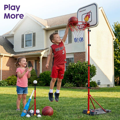 Hurtle 4-In-1 Kids Basketball & T-Ball Hoop Set – Adjustable Height (3.5–6.2 Ft) Includes Hanging Baseball Hoop, Indoor & Outdoor Backyard Sports Toy (Black)