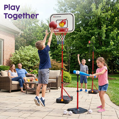 Hurtle 4-In-1 Kids Basketball & T-Ball Hoop Set – Adjustable Height (3.5–6.2 Ft) Includes Hanging Baseball Hoop, Indoor & Outdoor Backyard Sports Toy (Black)