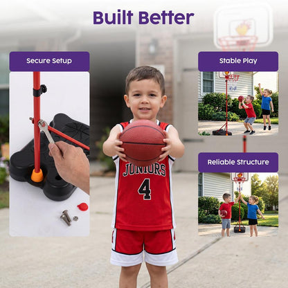 Hurtle 4-In-1 Kids Basketball & T-Ball Hoop Set – Adjustable Height (3.5–6.2 Ft) Includes Hanging Baseball Hoop, Indoor & Outdoor Backyard Sports Toy (Black)