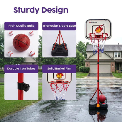 Hurtle 4-In-1 Kids Basketball & T-Ball Hoop Set – Adjustable Height (3.5–6.2 Ft) Includes Hanging Baseball Hoop, Indoor & Outdoor Backyard Sports Toy (Black)