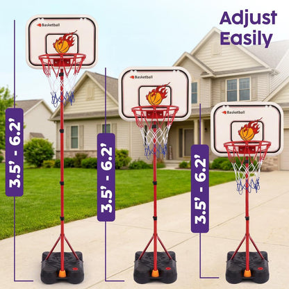 Hurtle 4-In-1 Kids Basketball & T-Ball Hoop Set – Adjustable Height (3.5–6.2 Ft) Includes Hanging Baseball Hoop, Indoor & Outdoor Backyard Sports Toy (Black)