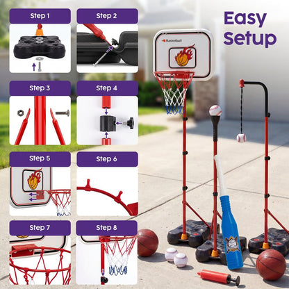 Hurtle 4-In-1 Kids Basketball & T-Ball Hoop Set – Adjustable Height (3.5–6.2 Ft) Includes Hanging Baseball Hoop, Indoor & Outdoor Backyard Sports Toy (Black)