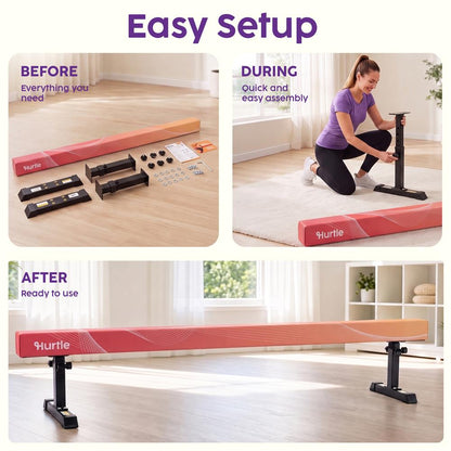 Hurtle 8' Adjustable Balance Beam – Adjustable Height For Beginners To Advanced Users, Non-Slip Surface For Gymnastics Practice At Home (Peach)