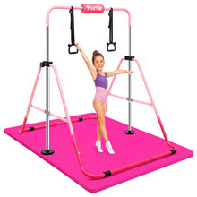 Hurtle Expandable Folding Gymnastics Bar With Mat - Adjustable Height, Hanging Rings And Bar Pad For Kids (Dark Pink + Light Pink)