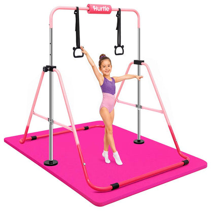 Hurtle Expandable Folding Gymnastics Bar With Mat - Adjustable Height, Hanging Rings And Bar Pad For Kids (Dark Pink + Light Pink)