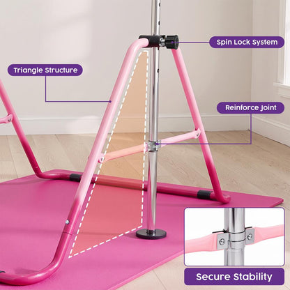 Hurtle Expandable Folding Gymnastics Bar With Mat - Adjustable Height, Hanging Rings And Bar Pad For Kids (Dark Pink + Light Pink)