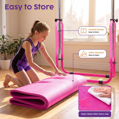 Hurtle Expandable Folding Gymnastics Bar With Mat - Adjustable Height, Hanging Rings And Bar Pad For Kids (Dark Pink + Light Pink)