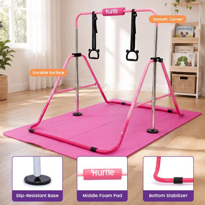 Hurtle Expandable Folding Gymnastics Bar With Mat - Adjustable Height, Hanging Rings And Bar Pad For Kids (Dark Pink + Light Pink)