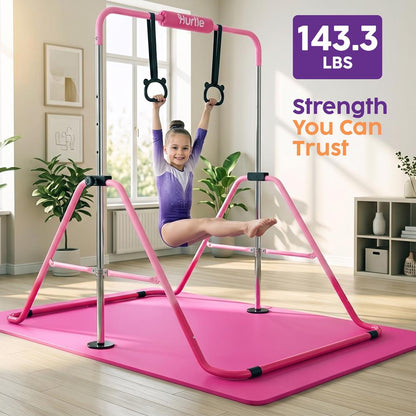 Hurtle Expandable Folding Gymnastics Bar With Mat - Adjustable Height, Hanging Rings And Bar Pad For Kids (Dark Pink + Light Pink)
